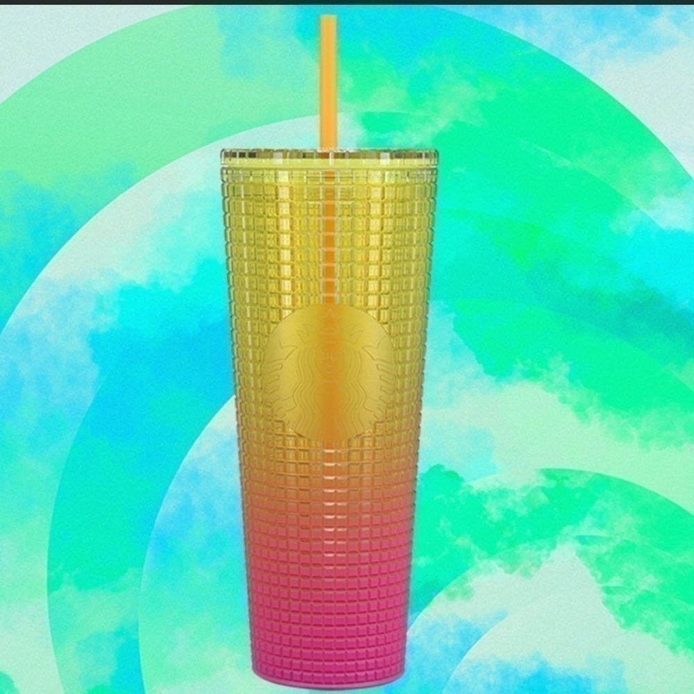 NWT STARBUCKS SUMMER 2022 YELLOW AND PINK GRID TUMBLER 24 OZ